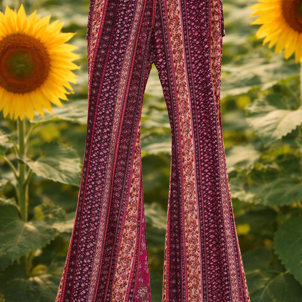 No Boundaries Burgundy and Pink Printed Flare Pants Festival/Boho